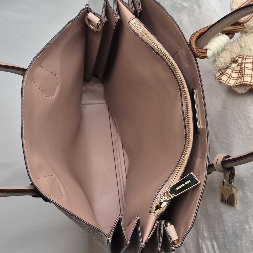 Michael Kors Mercer Blush Pink Tanish Tote with Bear Charm - Picture 12 of 17